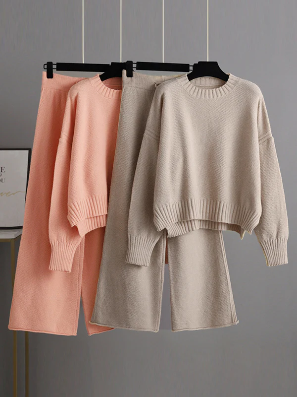 Urban Loose Long Sleeves Solid Color Round-Neck High-Low Sweater Tops & Wide Leg Pants Suits - Image 7