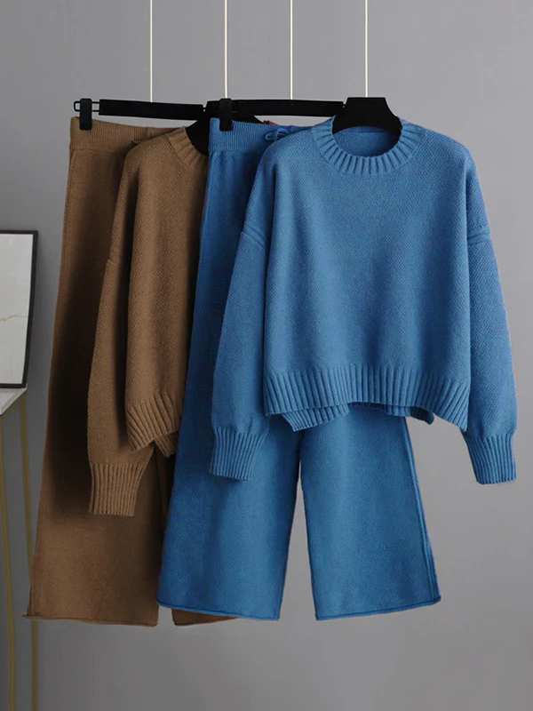 Urban Loose Long Sleeves Solid Color Round-Neck High-Low Sweater Tops & Wide Leg Pants Suits - Image 8