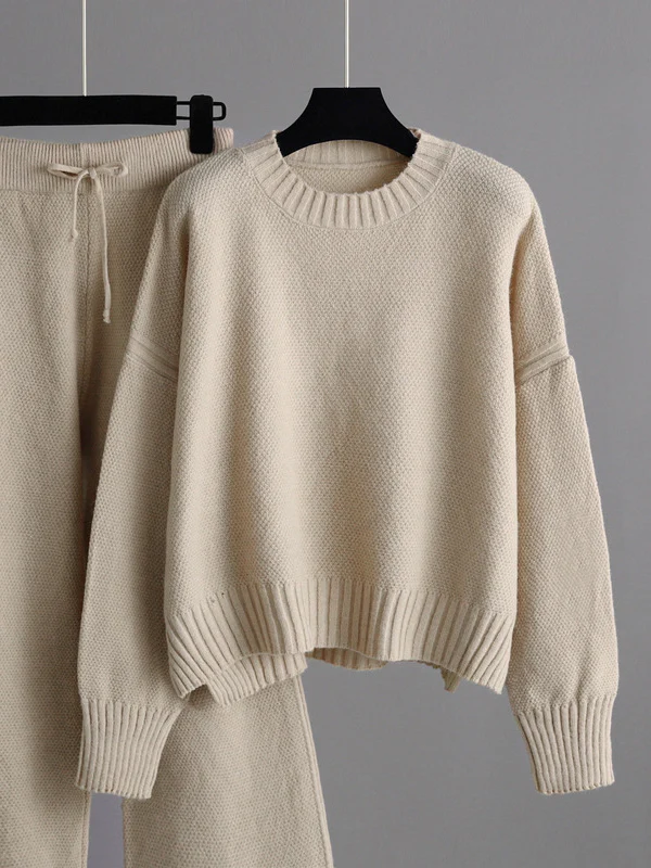 Urban Loose Long Sleeves Solid Color Round-Neck High-Low Sweater Tops & Wide Leg Pants Suits - Image 9