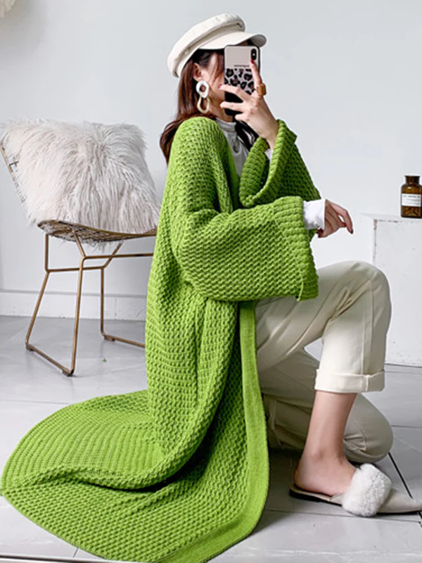 Urban Loose Over Size Solid Color Thick Thread Knitting Cardigan Coats - Image 35