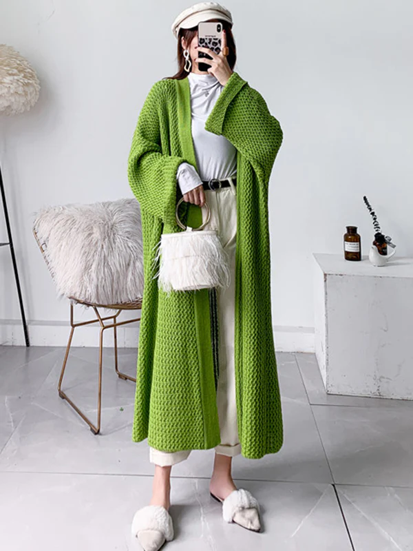 Urban Loose Over Size Solid Color Thick Thread Knitting Cardigan Coats - Image 4