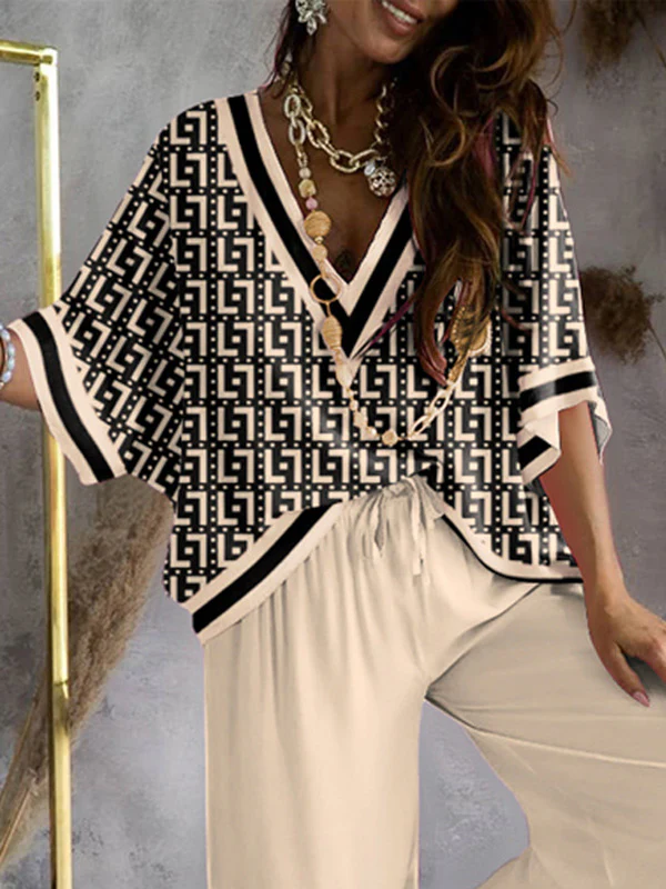 Urban Loose Printed V-Neck T-Shirts Tops& Drawstring Wide Leg Pants Suits - Image 2