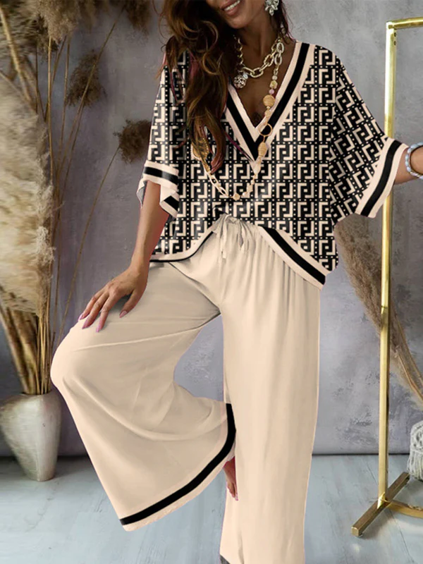 Urban Loose Printed V-Neck T-Shirts Tops& Drawstring Wide Leg Pants Suits - Image 3