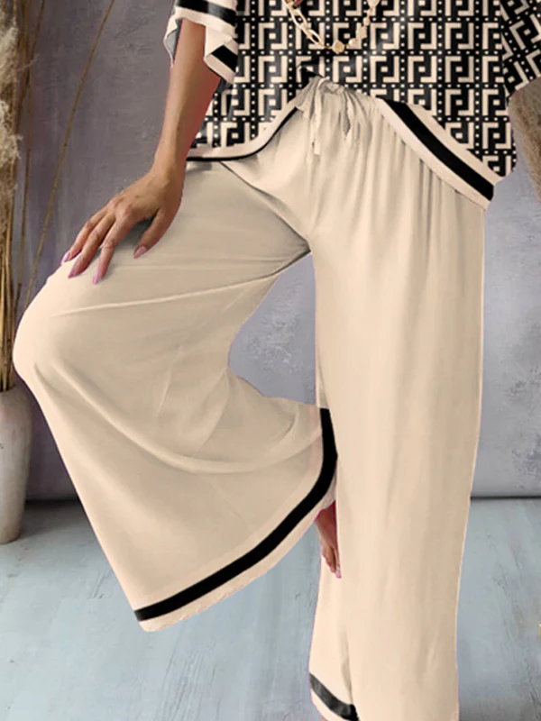 Urban Loose Printed V-Neck T-Shirts Tops& Drawstring Wide Leg Pants Suits - Image 4
