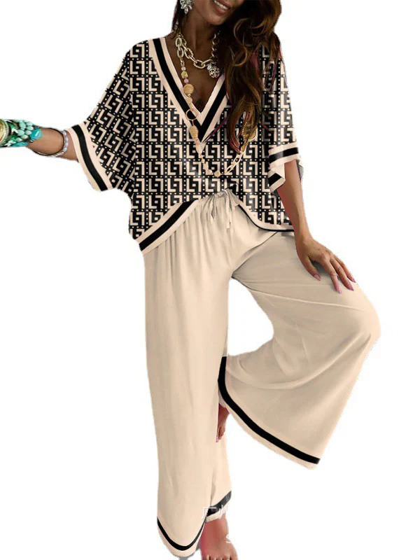 Urban Loose Printed V-Neck T-Shirts Tops& Drawstring Wide Leg Pants Suits - Image 5
