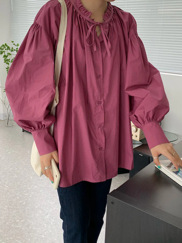 Urban Loose Puff Sleeves Agaric Laces Falbala Solid Color Blouses - Image 10
