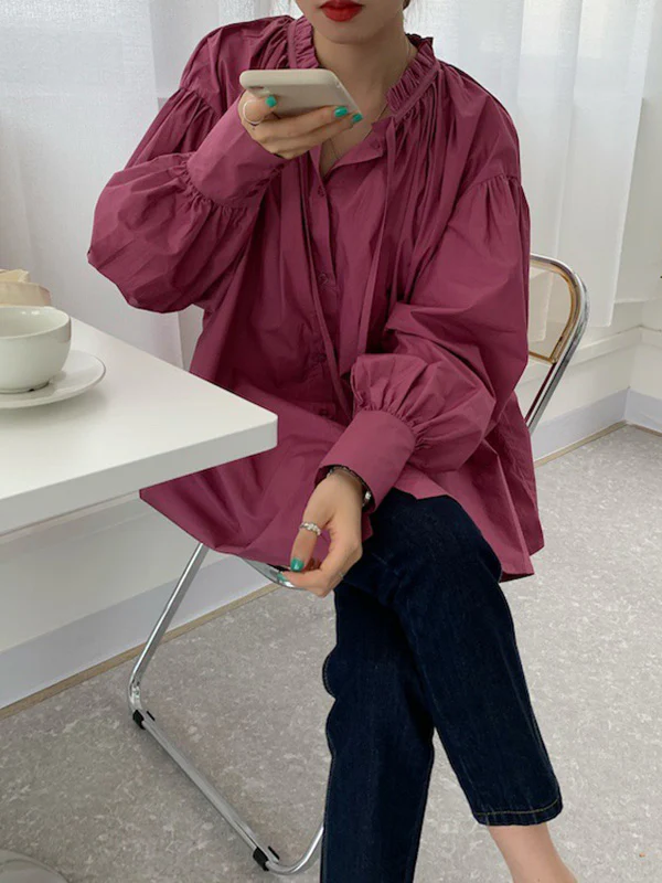 Urban Loose Puff Sleeves Agaric Laces Falbala Solid Color Blouses - Image 11