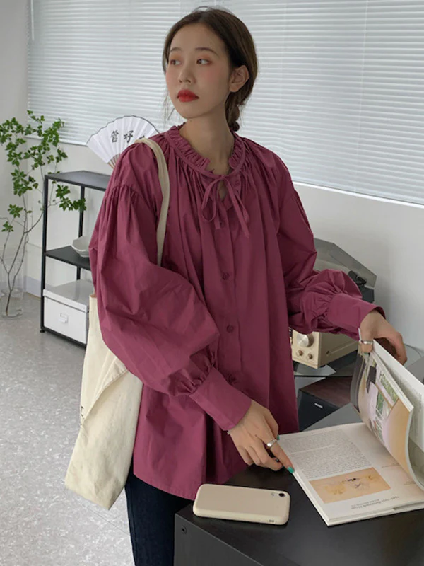 Urban Loose Puff Sleeves Agaric Laces Falbala Solid Color Blouses - Image 12