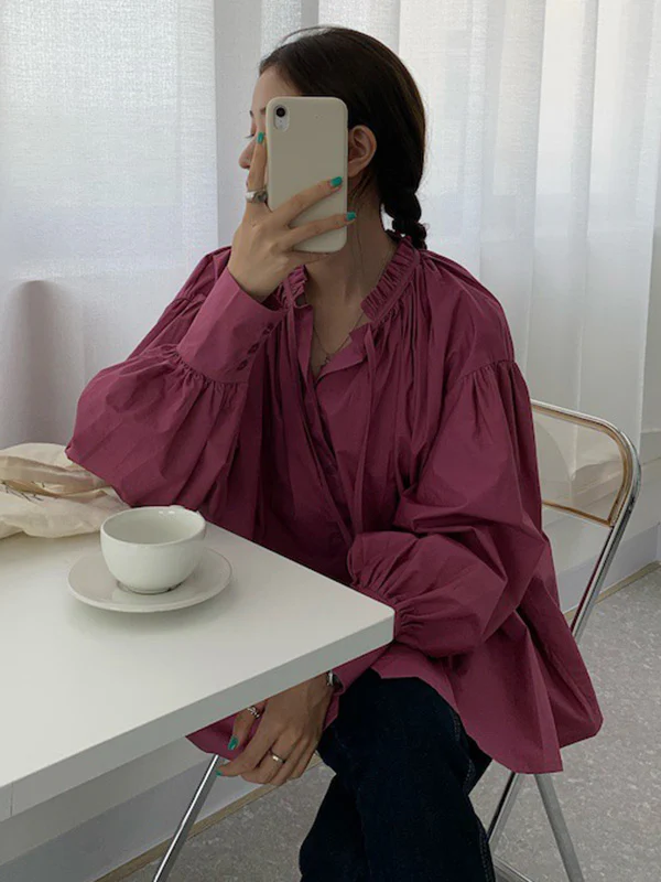 Urban Loose Puff Sleeves Agaric Laces Falbala Solid Color Blouses - Image 13