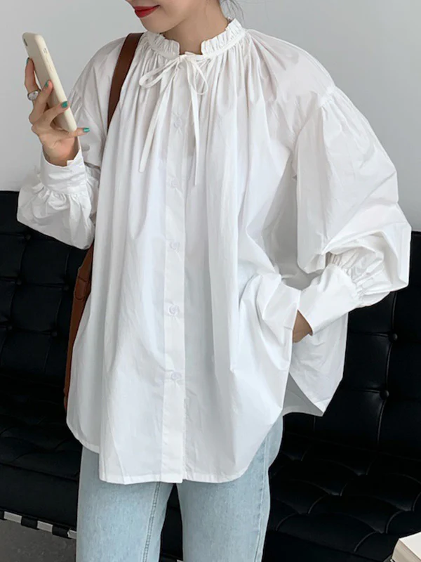 Urban Loose Puff Sleeves Agaric Laces Falbala Solid Color Blouses - Image 14