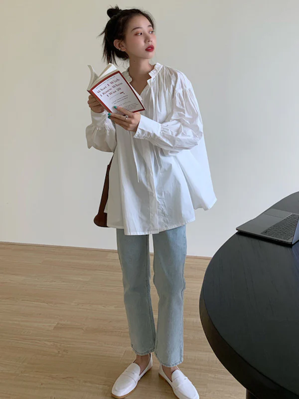 Urban Loose Puff Sleeves Agaric Laces Falbala Solid Color Blouses - Image 17