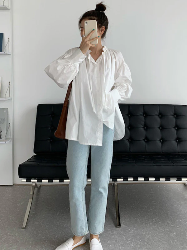 Urban Loose Puff Sleeves Agaric Laces Falbala Solid Color Blouses - Image 18