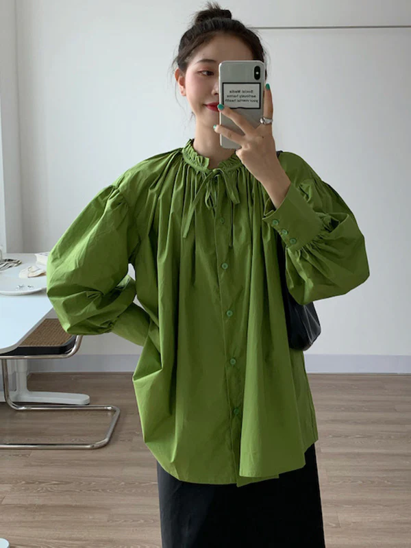 Urban Loose Puff Sleeves Agaric Laces Falbala Solid Color Blouses - Image 6