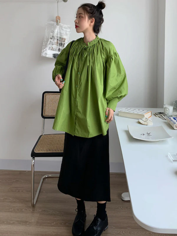Urban Loose Puff Sleeves Agaric Laces Falbala Solid Color Blouses - Image 8