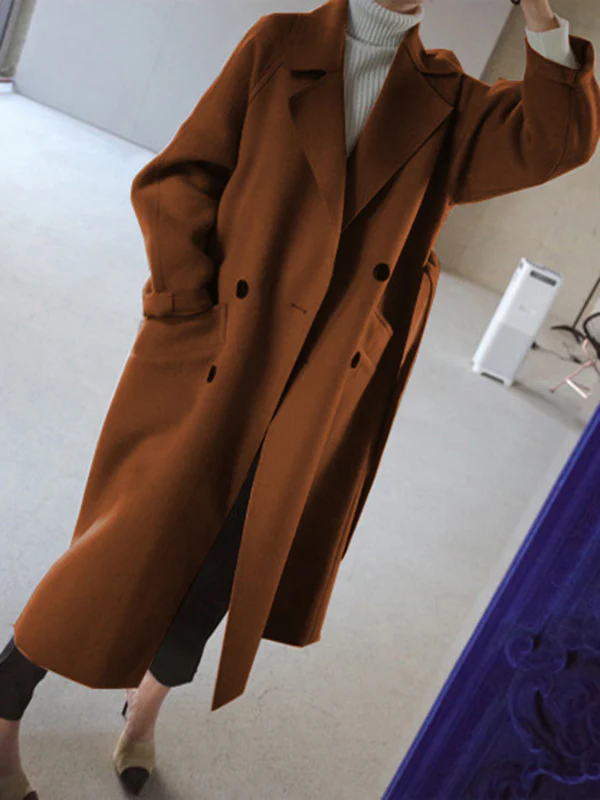Urban Loose Solid Color Belted Woolen Coat - Image 4