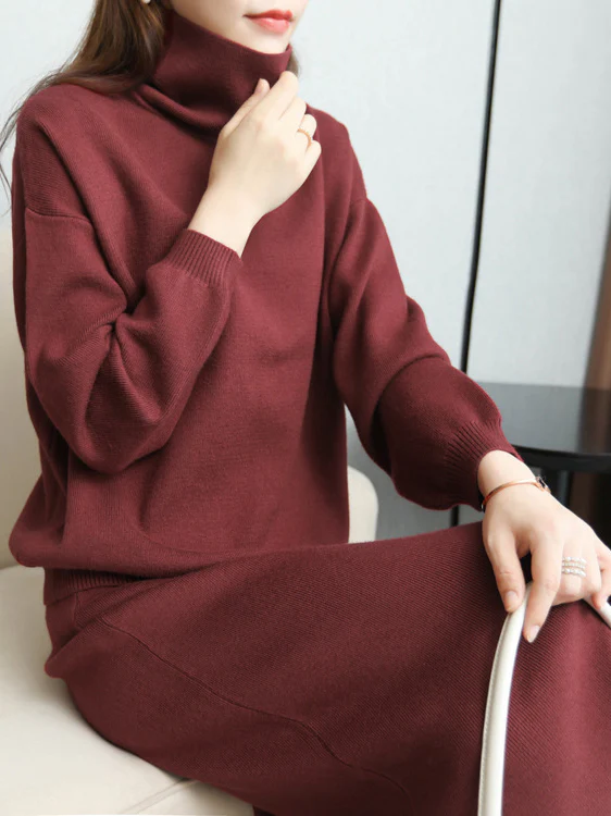 Urban Loose Solid Color High-Neck Sweater Tops & Skirts Bottoms Suits - Image 2