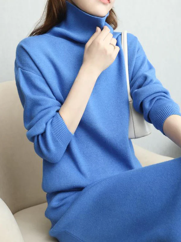 Urban Loose Solid Color High-Neck Sweater Tops & Skirts Bottoms Suits - Image 3