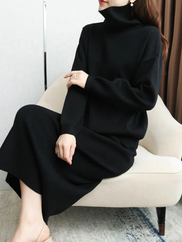 Urban Loose Solid Color High-Neck Sweater Tops & Skirts Bottoms Suits - Image 4