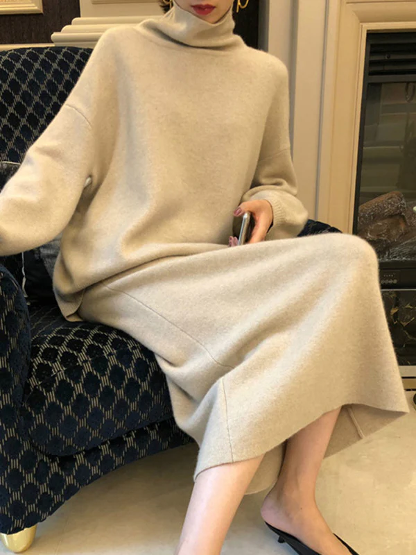 Urban Loose Solid Color High-Neck Sweater Tops & Skirts Bottoms Suits - Image 5
