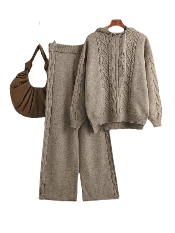 Urban Loose Solid Color Hooded High-Low Sweater Tops & Wide Leg Pants Two Pieces Set - Image 10