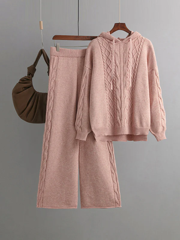 Urban Loose Solid Color Hooded High-Low Sweater Tops & Wide Leg Pants Two Pieces Set - Image 2