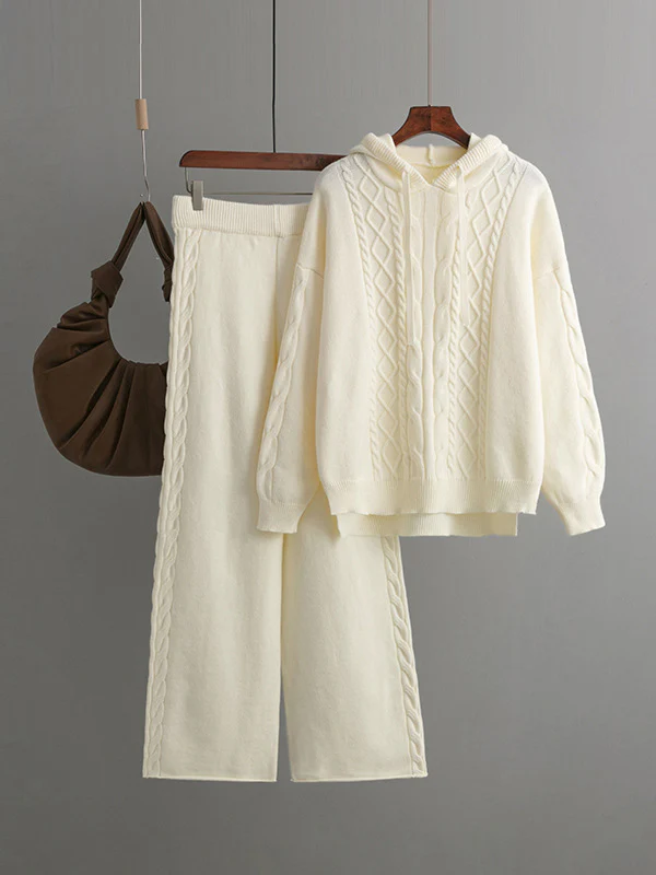 Urban Loose Solid Color Hooded High-Low Sweater Tops & Wide Leg Pants Two Pieces Set - Image 3