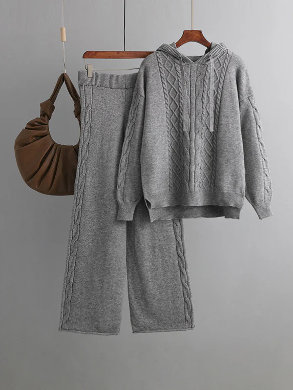 Urban Loose Solid Color Hooded High-Low Sweater Tops & Wide Leg Pants Two Pieces Set - Image 4