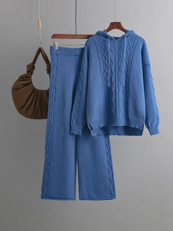 Urban Loose Solid Color Hooded High-Low Sweater Tops & Wide Leg Pants Two Pieces Set - Image 5