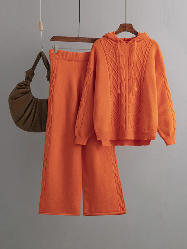 Urban Loose Solid Color Hooded High-Low Sweater Tops & Wide Leg Pants Two Pieces Set - Image 6