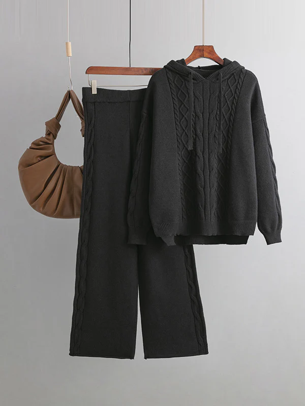 Urban Loose Solid Color Hooded High-Low Sweater Tops & Wide Leg Pants Two Pieces Set - Image 7