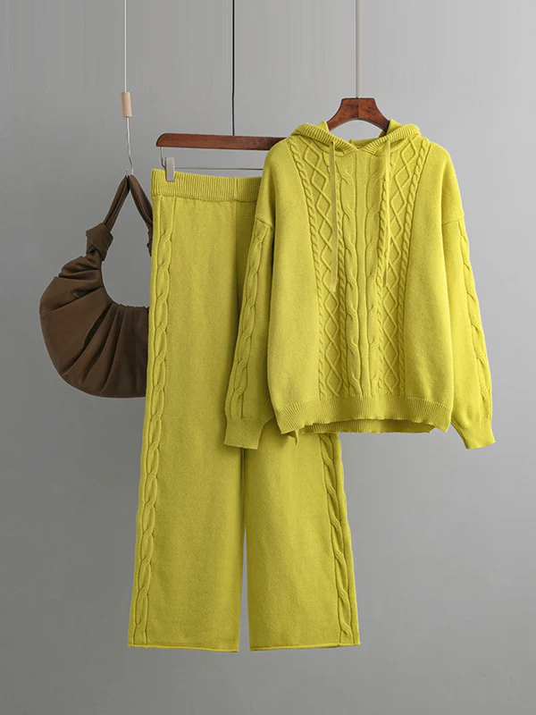 Urban Loose Solid Color Hooded High-Low Sweater Tops & Wide Leg Pants Two Pieces Set - Image 8