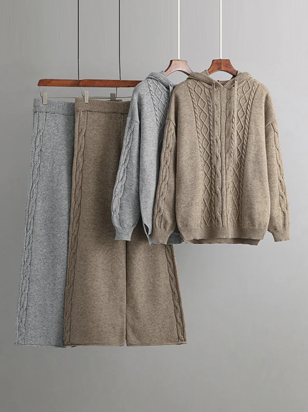 Urban Loose Solid Color Hooded High-Low Sweater Tops & Wide Leg Pants Two Pieces Set - Image 9