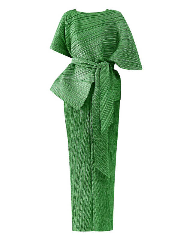 Urban Loose Solid Color Tied Pleated Top&V-Back Vest Dress Two Pieces Set - Image 11