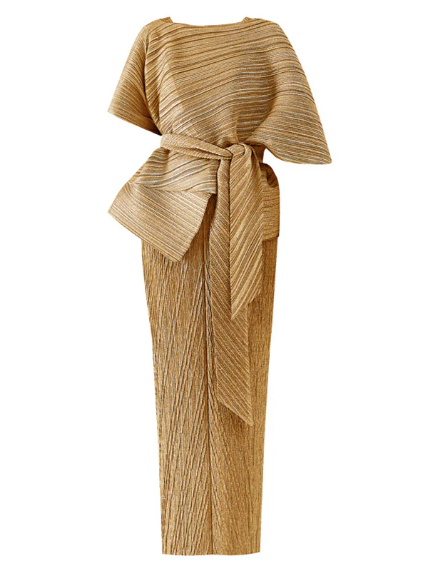 Urban Loose Solid Color Tied Pleated Top&V-Back Vest Dress Two Pieces Set - Image 12