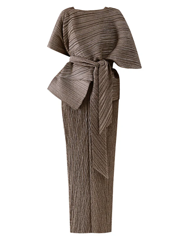 Urban Loose Solid Color Tied Pleated Top&V-Back Vest Dress Two Pieces Set - Image 14