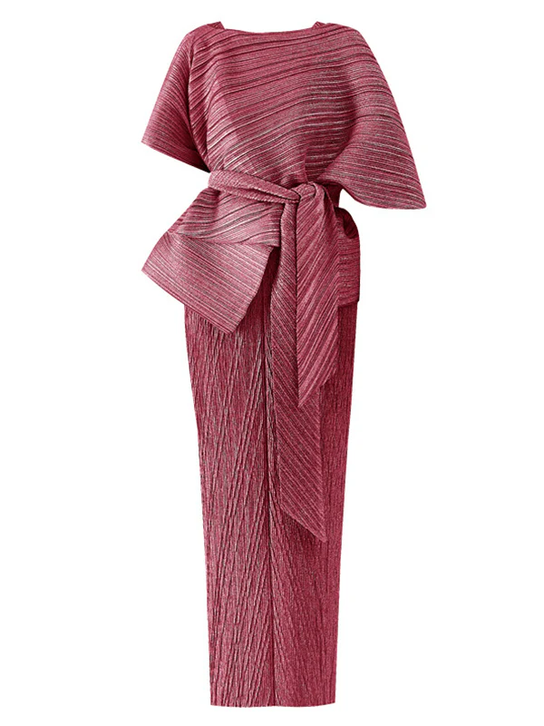 Urban Loose Solid Color Tied Pleated Top&V-Back Vest Dress Two Pieces Set - Image 15