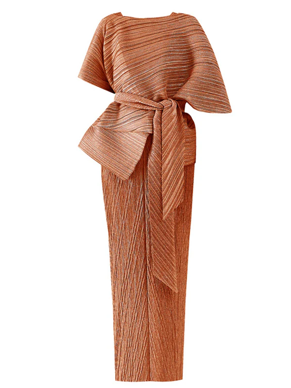 Urban Loose Solid Color Tied Pleated Top&V-Back Vest Dress Two Pieces Set - Image 19