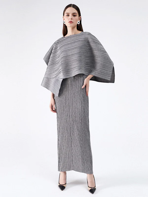 Urban Loose Solid Color Tied Pleated Top&V-Back Vest Dress Two Pieces Set - Image 2