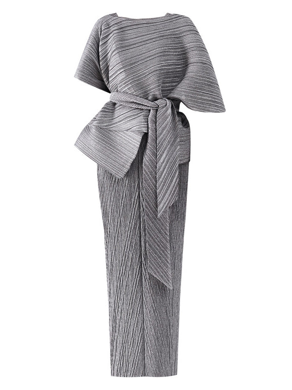 Urban Loose Solid Color Tied Pleated Top&V-Back Vest Dress Two Pieces Set - Image 20
