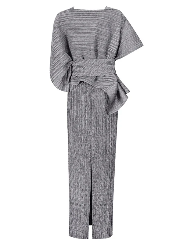 Urban Loose Solid Color Tied Pleated Top&V-Back Vest Dress Two Pieces Set - Image 21