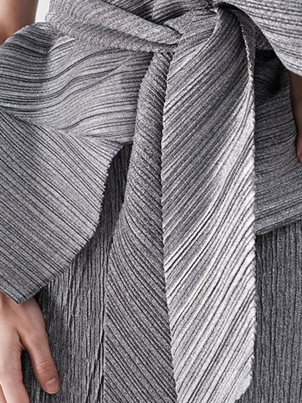 Urban Loose Solid Color Tied Pleated Top&V-Back Vest Dress Two Pieces Set - Image 26
