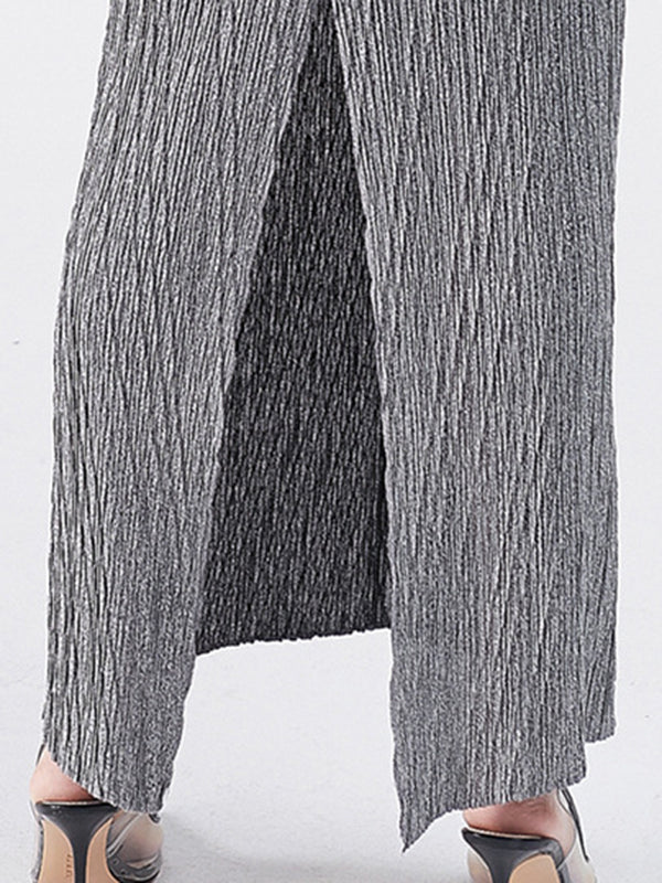 Urban Loose Solid Color Tied Pleated Top&V-Back Vest Dress Two Pieces Set - Image 27