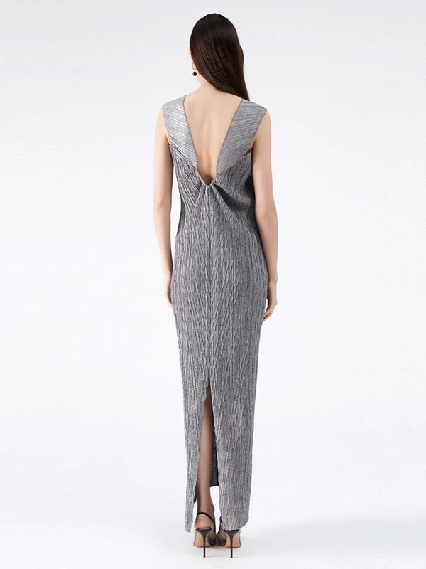 Urban Loose Solid Color Tied Pleated Top&V-Back Vest Dress Two Pieces Set - Image 9