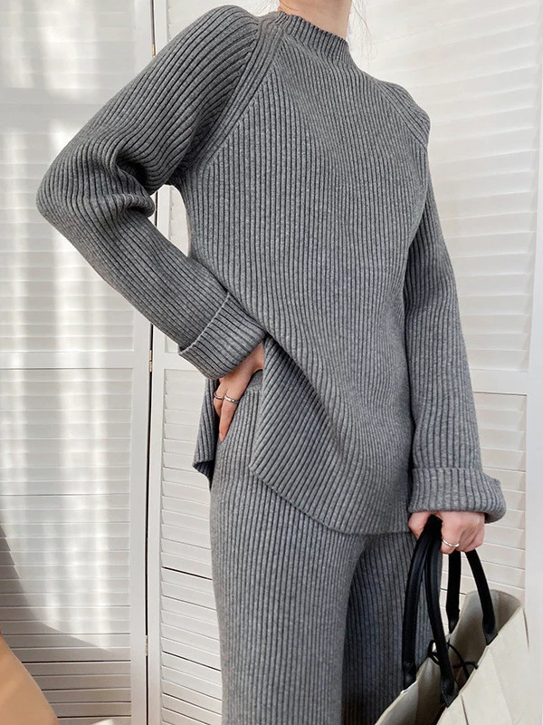 Urban Loose Solid Round-Neck Split-Side Sweater& Wide Leg Pants Suits - Image 10