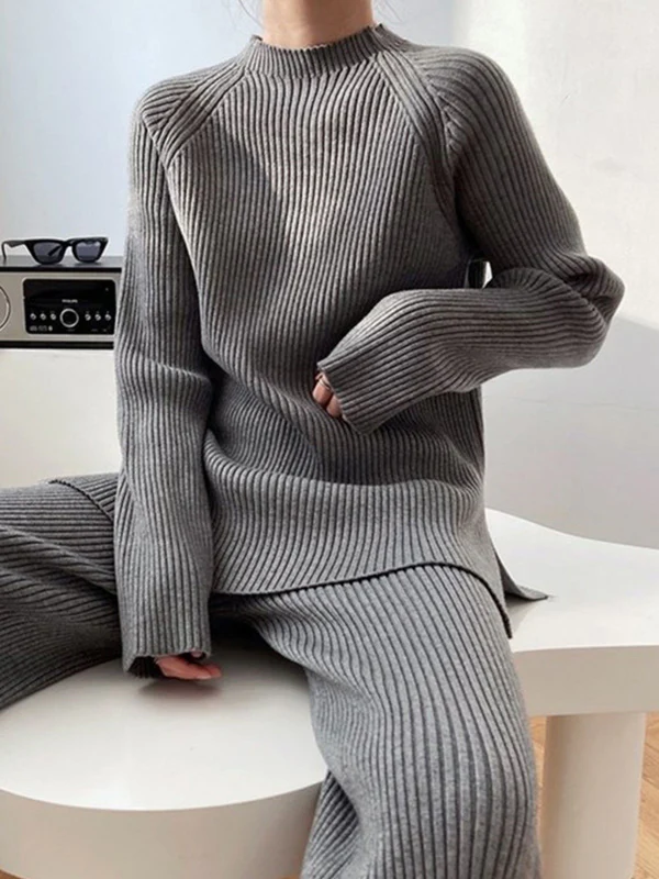 Urban Loose Solid Round-Neck Split-Side Sweater& Wide Leg Pants Suits - Image 11