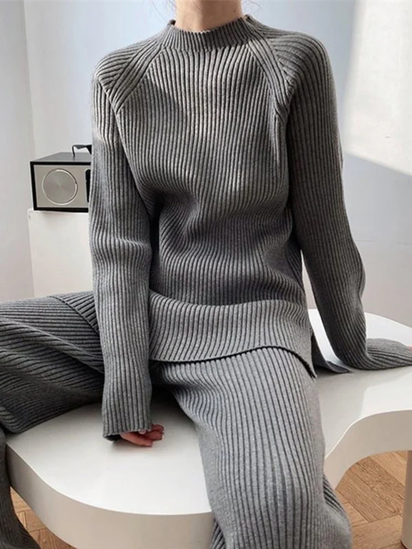 Urban Loose Solid Round-Neck Split-Side Sweater& Wide Leg Pants Suits - Image 12