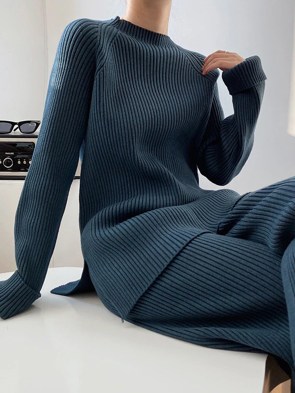 Urban Loose Solid Round-Neck Split-Side Sweater& Wide Leg Pants Suits - Image 13