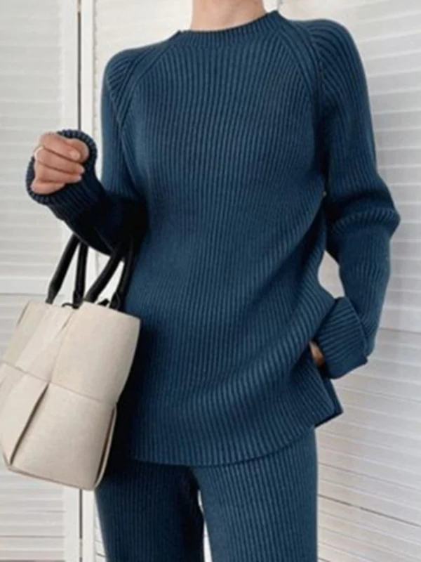 Urban Loose Solid Round-Neck Split-Side Sweater& Wide Leg Pants Suits - Image 14