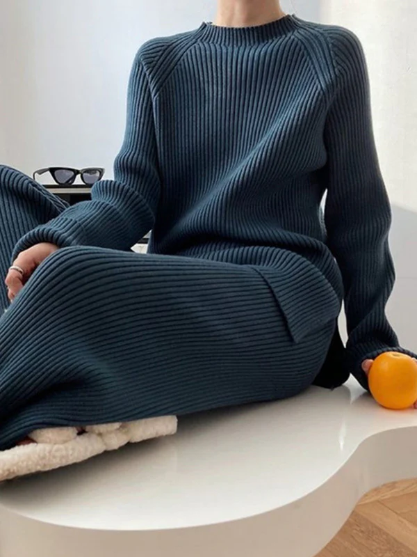 Urban Loose Solid Round-Neck Split-Side Sweater& Wide Leg Pants Suits - Image 15