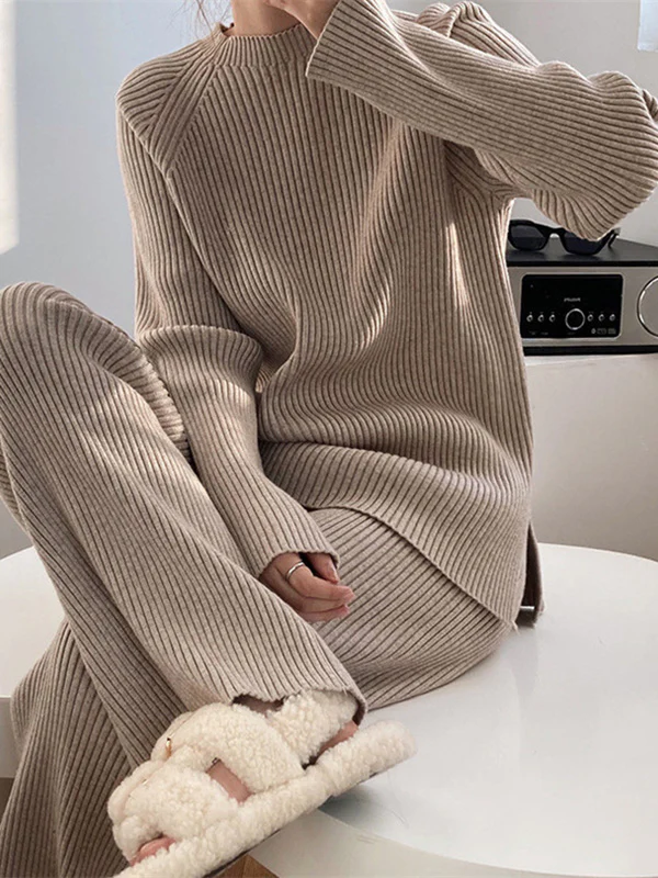 Urban Loose Solid Round-Neck Split-Side Sweater& Wide Leg Pants Suits - Image 3